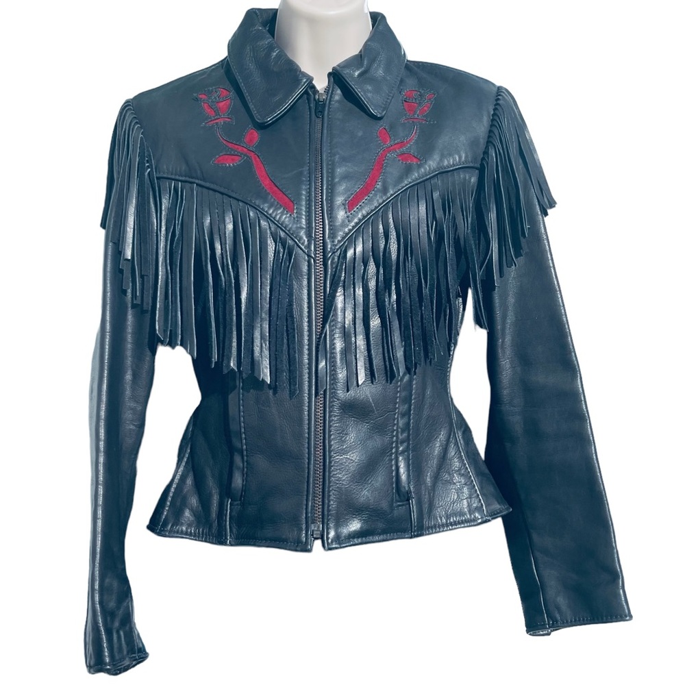 Vintage 80s Fringe PROTECH LEATHER APPAREL Moto Suede Red Rose jacket Small Sz 6
